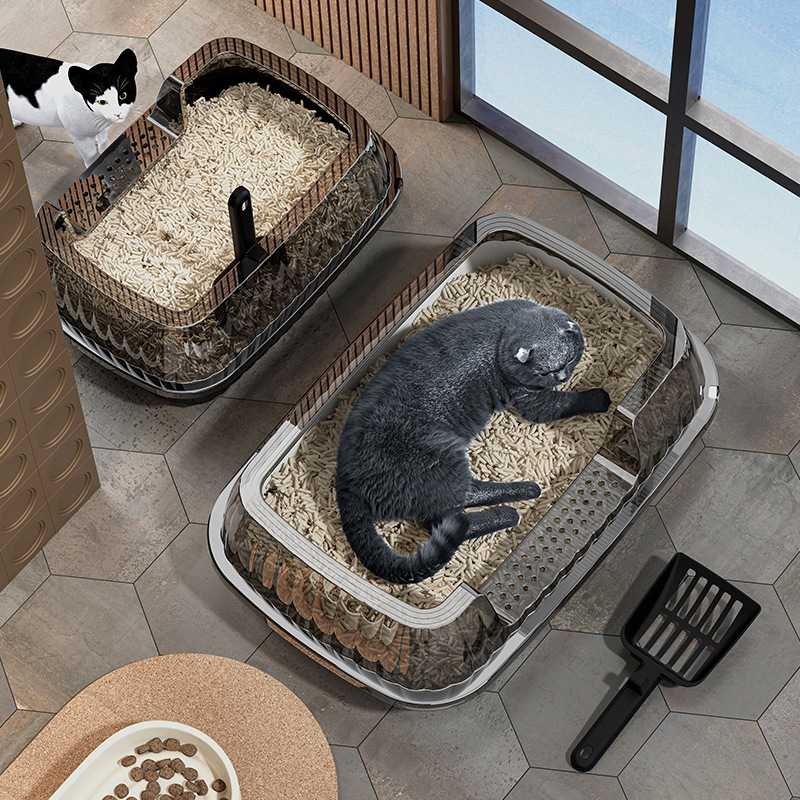 Basina de arena para gatos de mascotas, cerca alta para gatos jóvenes, inodoro para gatos cerrado para gatos abierto a prueba de salpicaduras externas