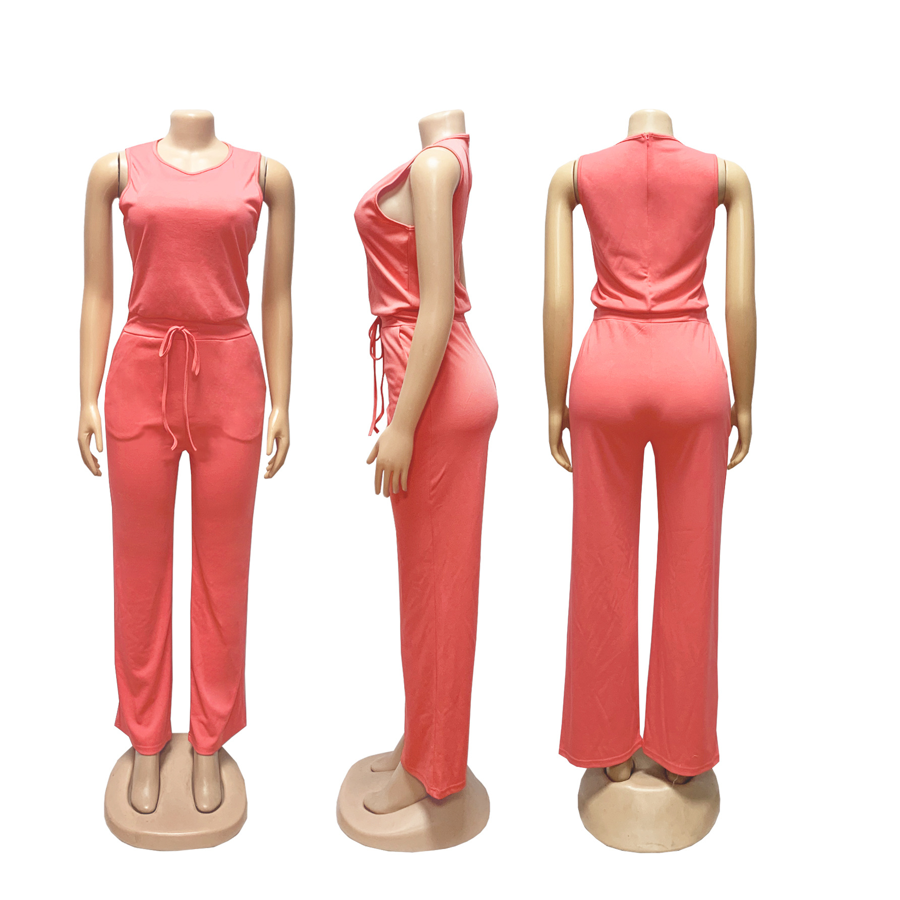 Women's Sleeveless Jumpsuit Casual Lace Up Solid Colour Summer_voghion.com