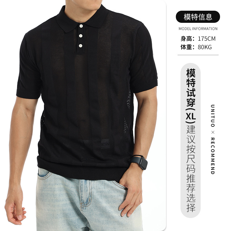 Lujo ligero de alto nivel de hielo jersey polo hombre manga corta con collar vertical rayas comerciales casuales chaqueta de polo hombre