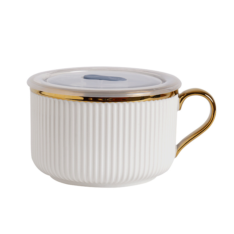 Tazón de fideos instantáneos de cerámica creativa con tapa para estudiantes de dormitorio con mango Tazón de fideos instantáneos para comedor Caja de almuerzo para uso personal