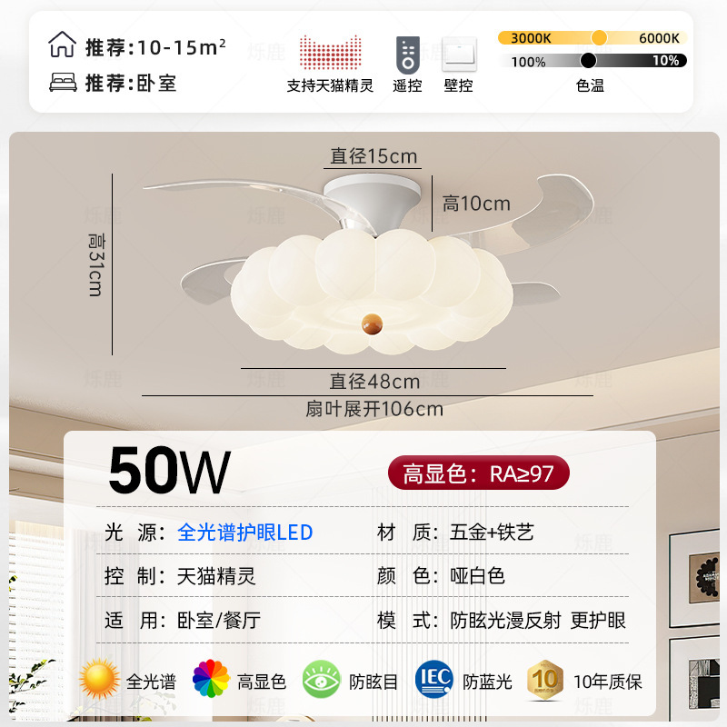 奶油风隐形风扇灯卧室南瓜餐厅吊扇灯家用护眼变频静音吸顶风扇灯|undefined