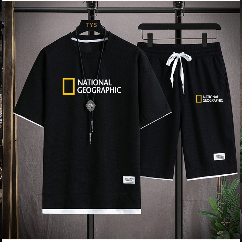 Dwuczęściowy zestaw męski T-shirt sportowy Waffle Short z krótkim rękawem i luźnym, krótkim rękawem, na lato_voghion.com