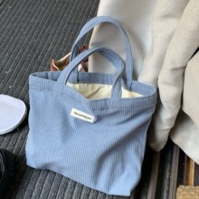 日系淡蓝色灯芯绒纯色手提帆布包韩系学院手拎布袋上班便当化妆包