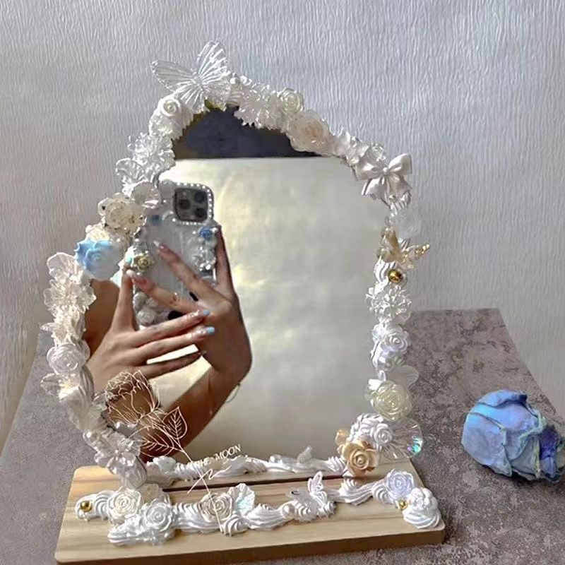 Cream Glue Mirror DIY Material Package Asymmetrical Cosmetic Mirror Ins Style Camellia Decorative Desktop Mirror Plastic Material
