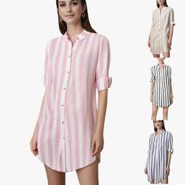 大量现货 跨境亚马逊女新款时尚条纹长袖衬衣 休闲大码棉麻衬衣