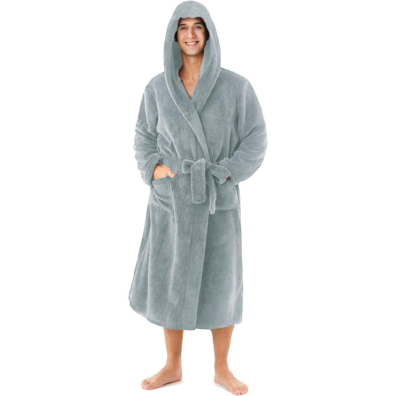 Men's Hooded Bathrobe, Thick Long Bathrobe with Drawstring, Fluffy Home Wear, Winter Absorbent with Pockets, Sizes S-Xxl Men's Hooded Bathrobe, Thick Long Bathrobe with Drawstring, Fluffy Home Wear, Winter Absorbent with Pockets, Sizes S-Xxl