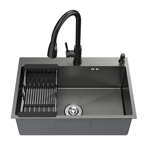 Black Nano Stainless Steel Kitchen Sink, Single-Bowl Vegetable Washing Basin, Thickened Dishwashing Sink, Large Single-Compartment Handmade Basin, Vegetable Washing Sink