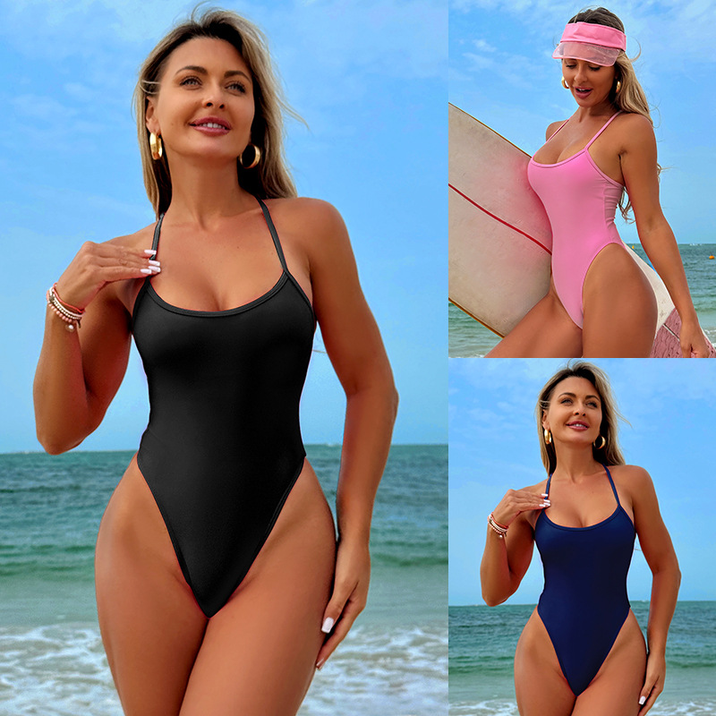 Nuevo traje de baño de una pieza sexy europeo y americano, traje de baño competitivo de color sólido para mujer, fábrica de origen de bikini de Amazon bikini