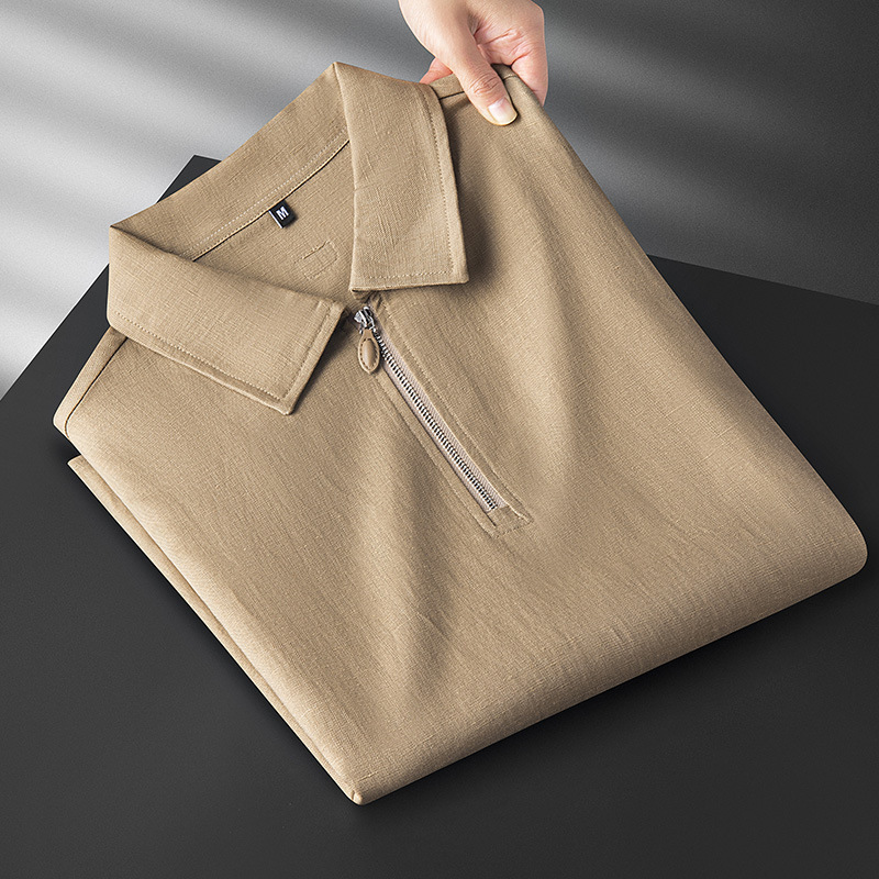 High-End Half-Zip Cotton and Linen Breathable Golf Polo Shirt with a Turn-Down Collar, Short-Sleeve Polo Shirt for Men with a Premium Feel