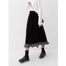 丝绒撞色半身裙女2024秋冬新款黑色高腰气质半裙假两件