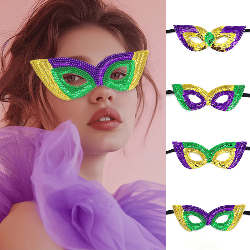 Transfronterizos máscaras de baile de maquillaje amazónico tema carnaval dorado púrpura verde sequinado máscara de medio rostro suministros máscara