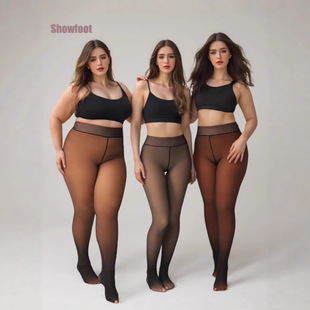 Cross-Border Large Size Black Translucent Fleece-Lined Tights Transparent Women's Fake Translucent Warm Pantyhose Tights
