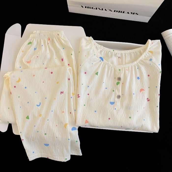Nube de algodón primavera y otoño nuevo pijama de cuello redondo de mujer pantalones de manga larga dibujos animados dulce se puede usar ropa de casa dos piezas set