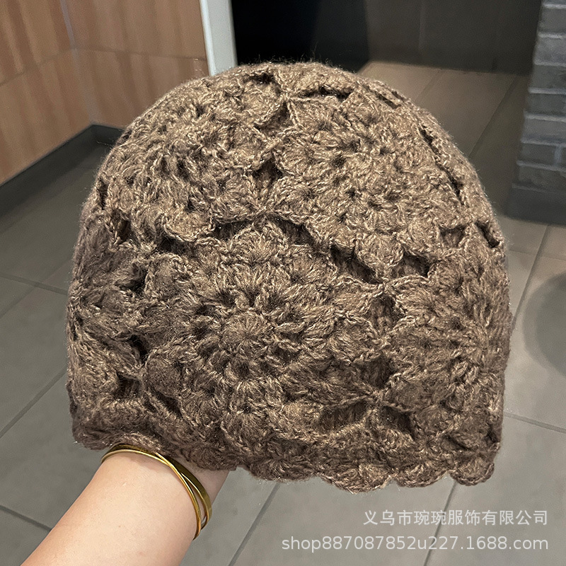 手工钩花双层加厚包头帽子女秋冬韩版百搭保暖针织时尚洋气毛线帽|undefined