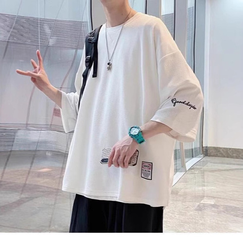 Seven-quarter sleeve men's t-shirt summer 2025 new style fashion brand trend loose large size T-shirt heavy short-sleeved clothes