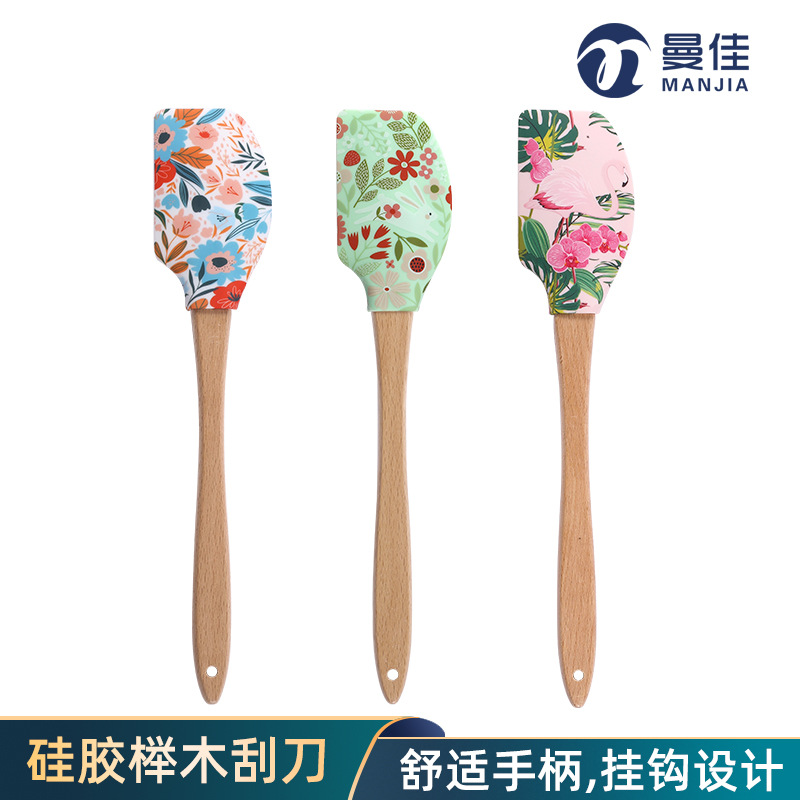 硅胶榉木柄柄刮刀 花纹图案 奶油蛋糕搅拌抹刀 捣鼓面糊 烘焙用品