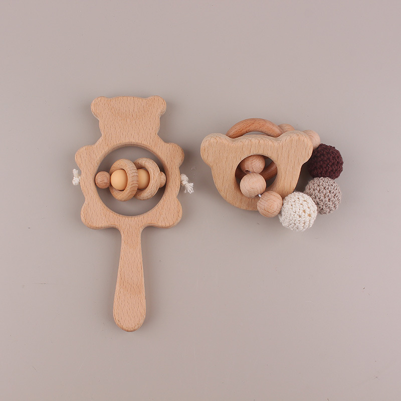 Beech Bear Bell Baby Molars Bracelet Handmade Beads Cartoon Handbell Juguetes para niños dos piezas