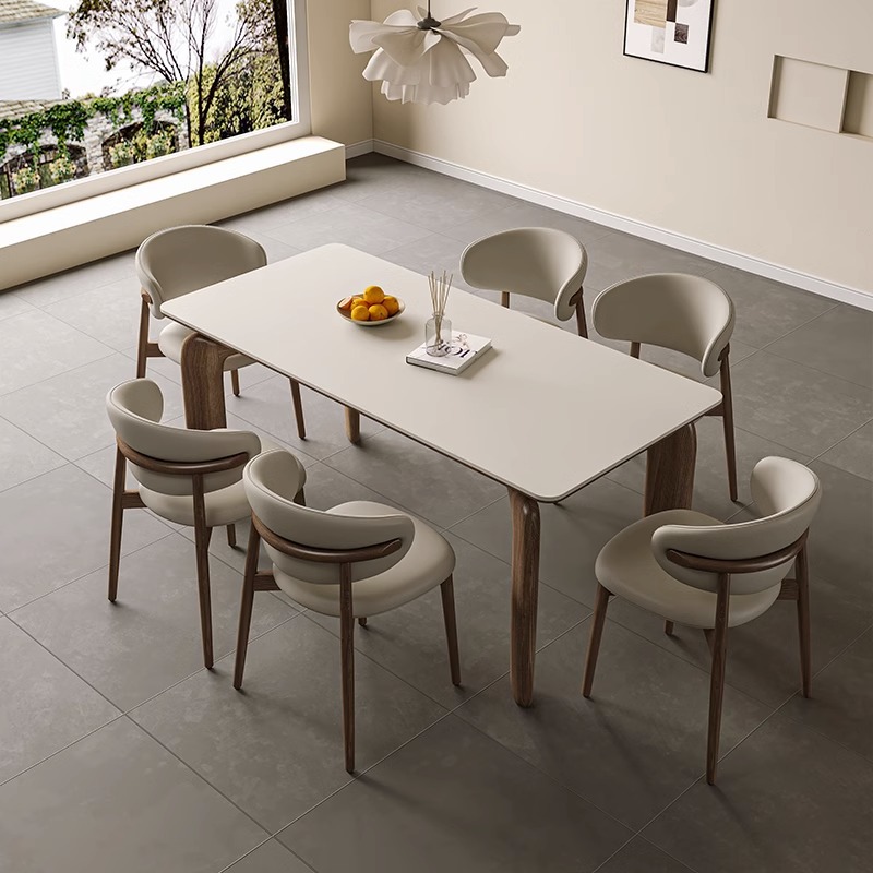 Mesa de Comedor Nórdica de Madera Maciza Rectangular para el Hogar, Color Nogal, Estilo de Losa de Roca de Madera de Fresno Blanco Mate de Lujo Ligero