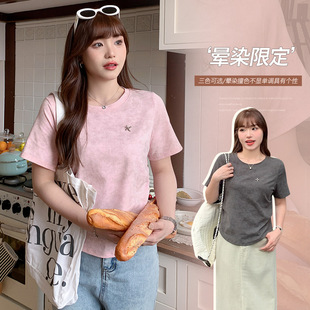 Right Shoulder Short Smudged Round Neck T-Shirt for Women Summer Plus Size Fat mm Sexy Style Waist-Cinching Pleated Short-Sleeved Top 63292