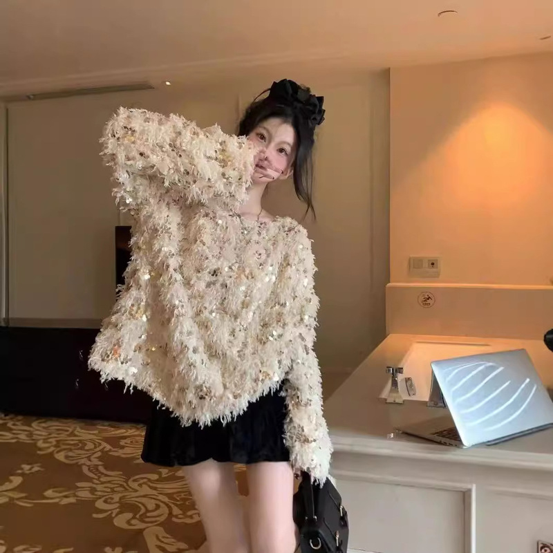 Yunshu Disco Age-Reducing Knitted Cardigan Early Autumn French Round Neck Sequin Design Mid-Length Loose Sweater for Women