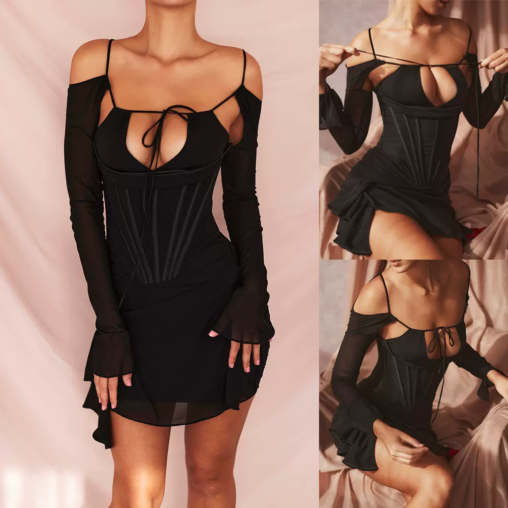 黑色网纱束腰连衣裙春夏新款一字肩吊带长袖拉褶包臀裙短裙SU2930