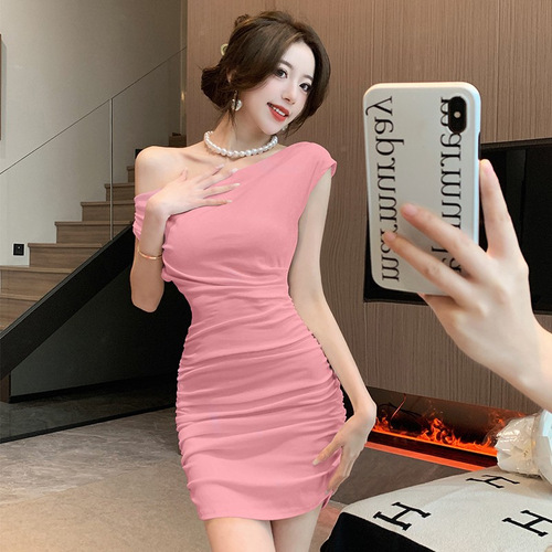 Sweet and Spicy One-Shoulder Sleeveless Bodycon Dress for Women, Summer Pleated High-Waisted Blue Skirt, Sexy A-Line Short Skirt