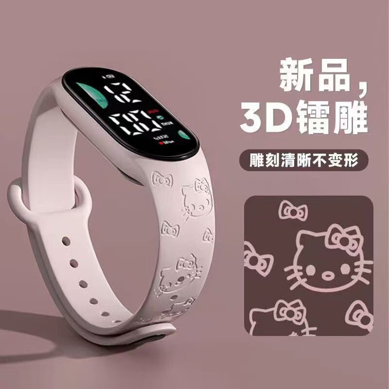 2024 New Hello Kitty Electronic Watch Primary School Cute Children's Watch Cartoon Printed LED Sports Watch