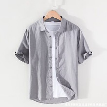 棉麻短袖衬衫大码男装方领商务休闲寸衫潮流工装衣服半袖衬衣青年