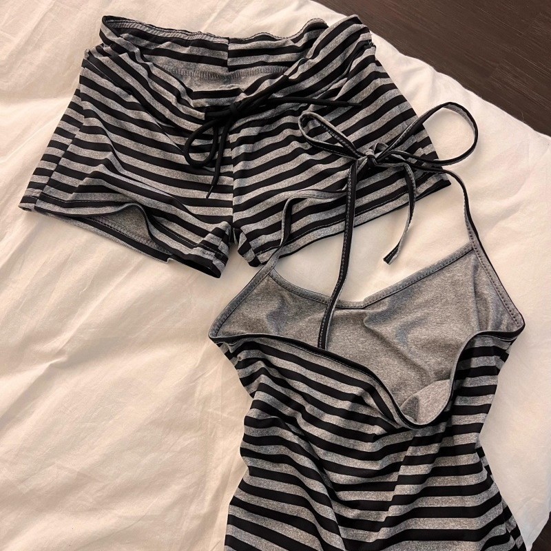 纯欲条纹系带挂脖小吊带睡衣女夏季辣妹带胸垫美背短裤家居服套装|undefined