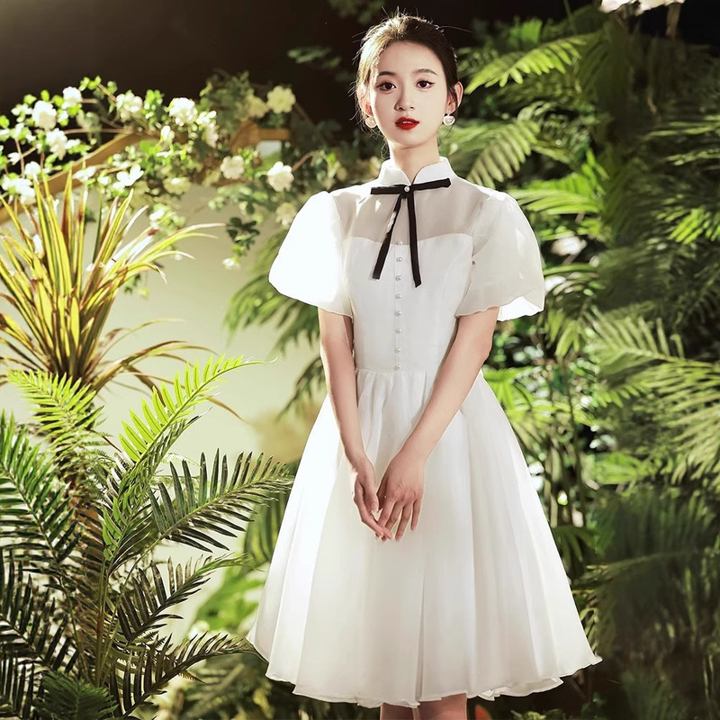 White Short-Sleeved Dress Chorus Poetry Recitation Dress Student Graduation Daily Wearable Small Evening Dress for Women