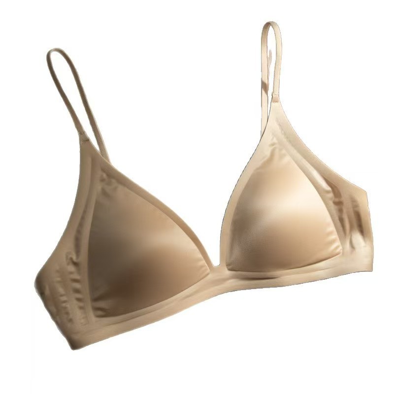 非磁性 Kbra ミルクサテンフレンチディープ V ネック下着女性のスパゲッティストラップシームレス三角カップ小胸ノンワイヤーブラジャー|undefined