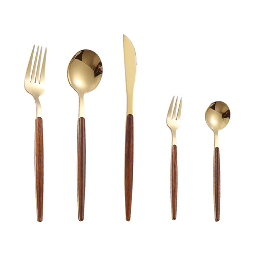 Amazon imitation wooden handle stainless steel steak knife and fork retro Portuguese Western tableware five-piece set dessert spoon and fork