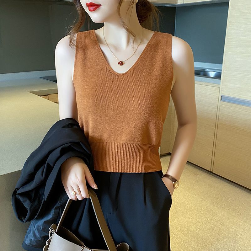 Ice Silk knitted camisole women's summer outer wear new suit inner wear slim sleeveless V-neck top short