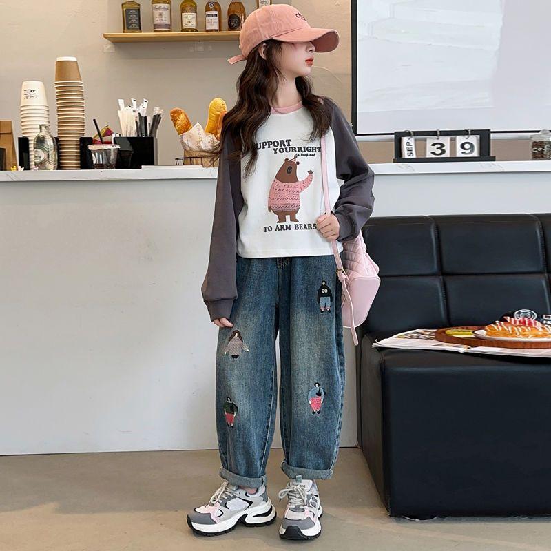 2025女童春秋款新款女孩裤子洋气时髦长T哈伦裤牛仔裤