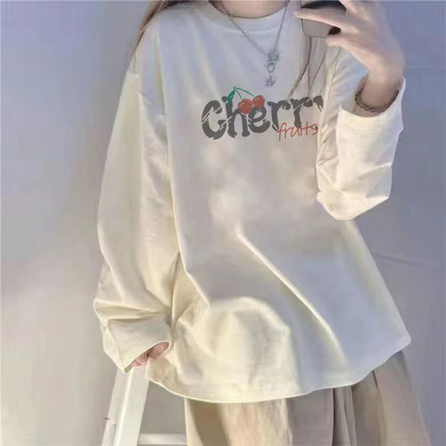 Heavyweight pure cotton long-sleeved T-shirt for women, loose spring and autumn base shirt, student versatile black top clothing, ins trendy