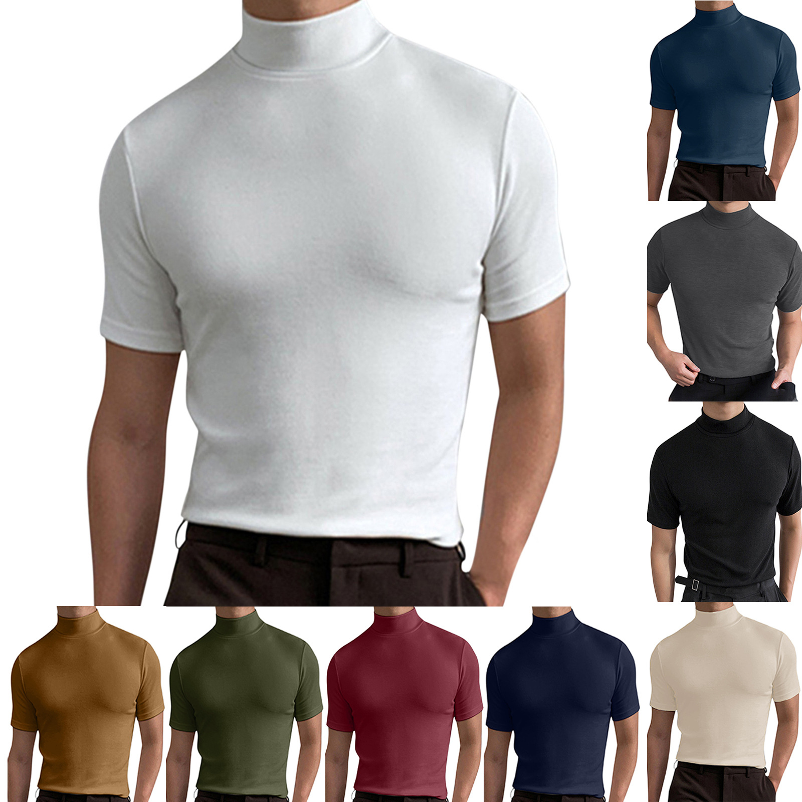 2024 Herbst und Winter Hoher Kragen Kurzarm T-Shirt Herren Unterlage Einfarbig Top_voghion.com