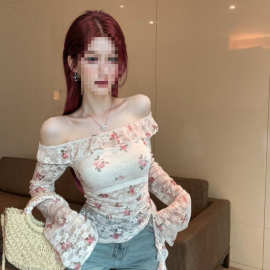 2026款夏季新款纯欲荷叶边长袖罩衫女装恤夏季薄款一字肩辣妹上衣