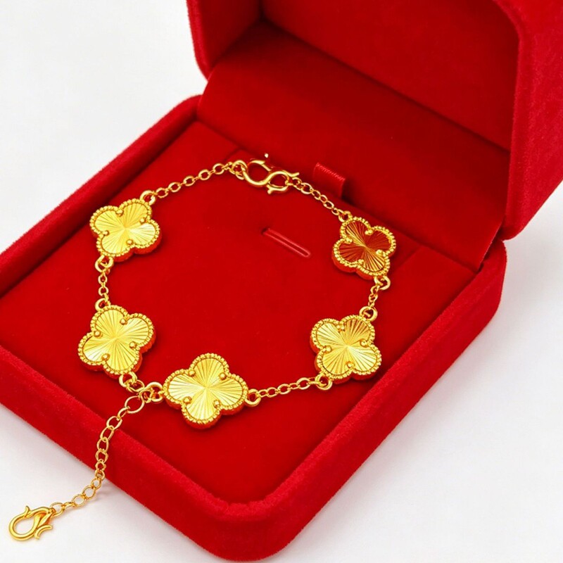 Vietnamese Gold-Plated Four-Leaf Clover Bracelet for Women, Imitation Gold Laser-Engraved Five-Leaf Design, Same Color Inside and Out, Jewelry Wholesale, Seven-Bead Bracelet