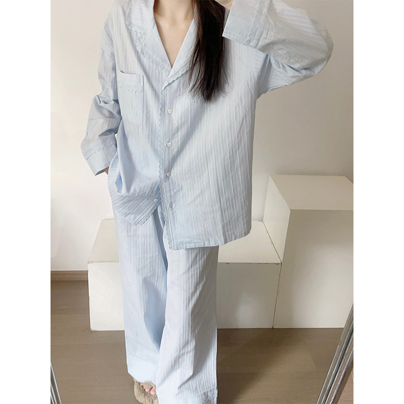 韩系蓝色花边休闲睡衣女款春秋季2025新款大码宽松显瘦家居服套装|undefined