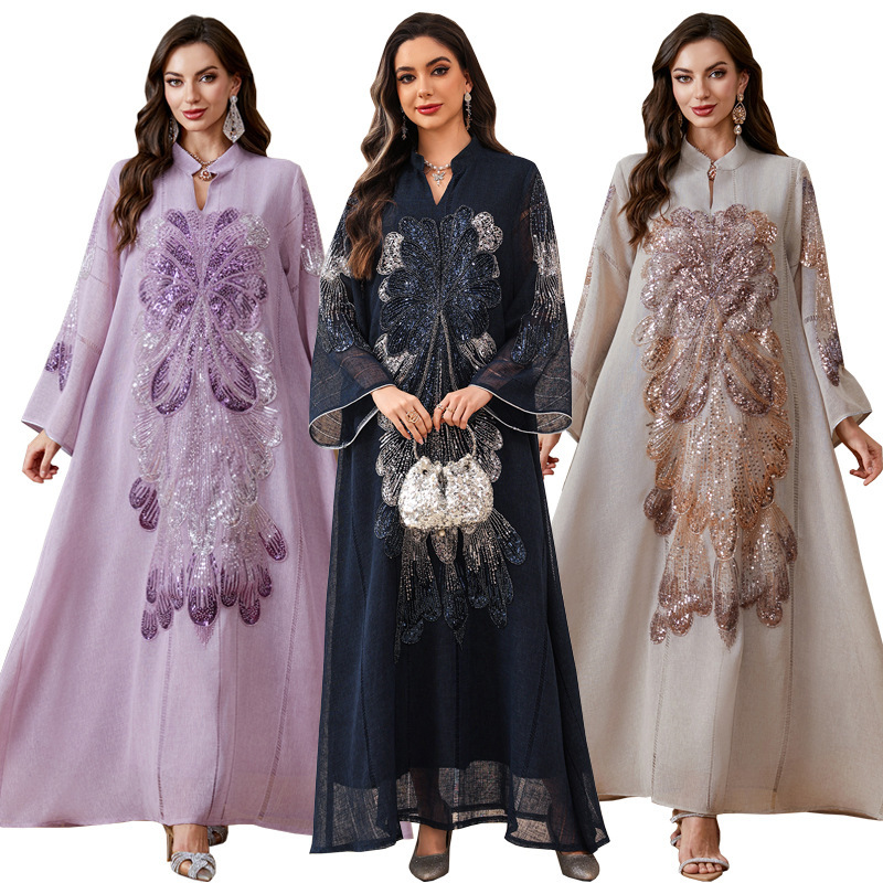 Ab558 Jalabiya Cross-Border Light Luxury Beaded Robe V-Neck Loose Slimming Dress Fashionable Evening Dress