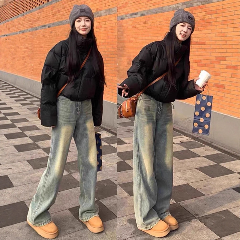 American Retro Casual Distressed Straight-Leg Jeans for Women 2025 Autumn and Winter New High-Waisted Slimming Wide-Leg Floor-Length Pants