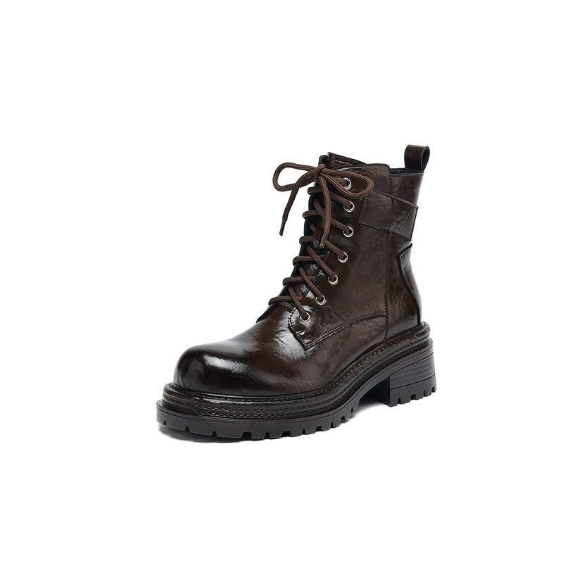 Boot Martin nữ gót dày buộc dây đế tăng chiều cao phong cách Maillard thu đông 2025 — Lớp lót nhung đen, Nhung nâu, Lớp lót đơn màu đen, Lớp lót đơn màu nâu