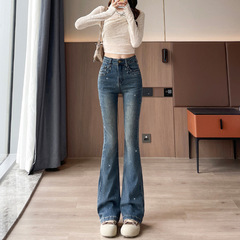 复古闪钻微喇牛仔裤女2025秋季新款超火高腰修身烫钻马蹄喇叭裤子