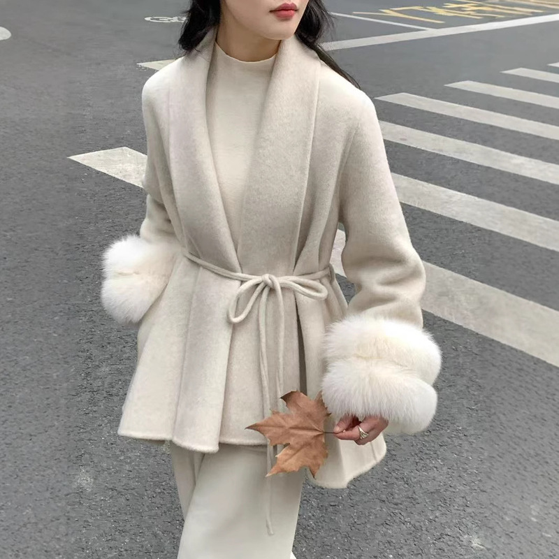 Widened Fox Fur Sleeve New Double-sided Cashmere Coat Mid-length Bathrobe Shoulder Slimming Lace-up Wool Coat for Women