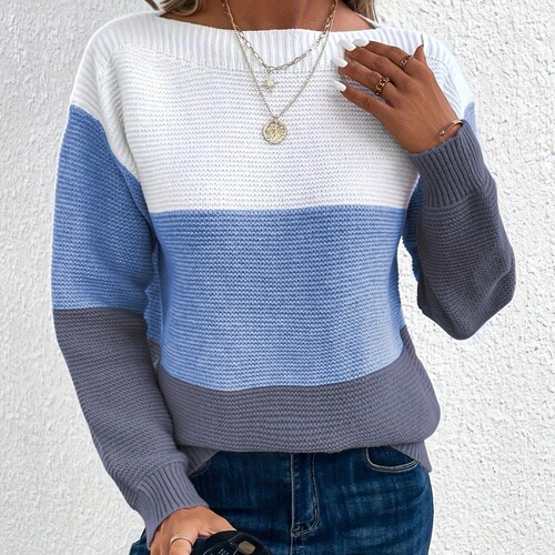 Women's sweater, round neck, patchwork, versatile and elegant style, popular knitwear, autumn/winter loose top with thickened design