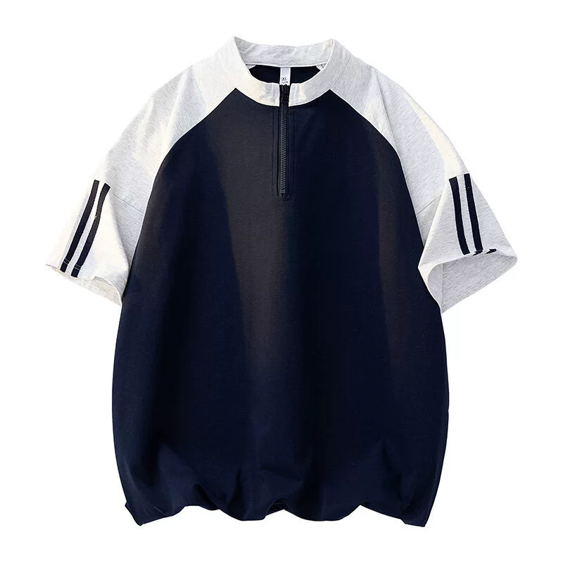OBCY fashionable youth men's summer new style spliced ​​stand-up collar five-sleeve T-shirt men's versatile fast commuting style