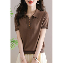 啄木鸟桑蚕丝短袖T恤女夏季新款年轻妈妈装polo衫冰丝针织上衣薄