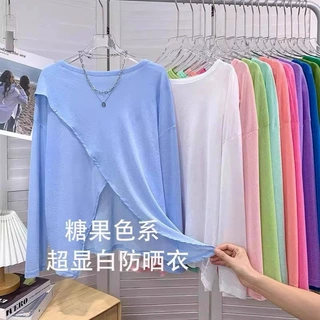 马卡龙色系超显白防晒衣女前后两穿开叉小众设计感防晒T恤空调衫
