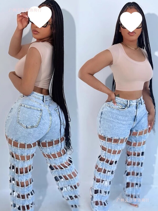 European and American Style Ripped Jeans, New Cross-Border Women's Fashion, Street Fashion Hollow-Out High-Waisted Straight Pants European and American Style Ripped Jeans, New Cross-Border Women's Fashion, Street Fashion Hollow-Out High-Waisted Straight Pants