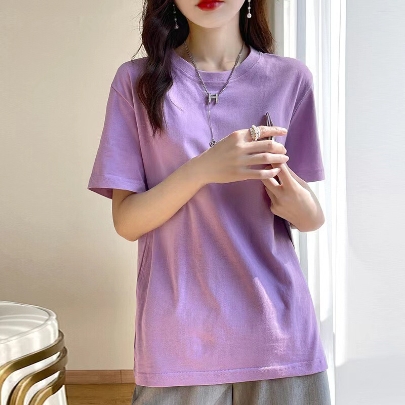 ヨーロッパ純綿 Tシャツレディース夏新疆長繊維綿半袖レディース Tシャツルーズカップルシャツ右肩ルーズラウンドネックホワイト Tシャツ|undefined